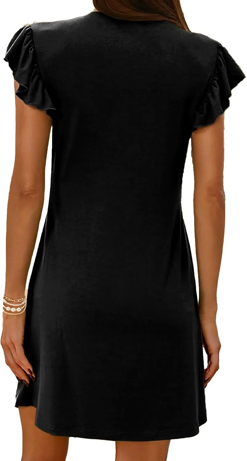 Womens Summer Dresses Ruffle Sleeve Mini Dress V Neck Loose Fit Sundress Beach Vacation Outfits