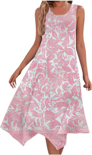 Women's Summer Dresses Sleeveless Floral Beach Dress Ruffle Hem V Neck Dress Holiday Dresses for Women