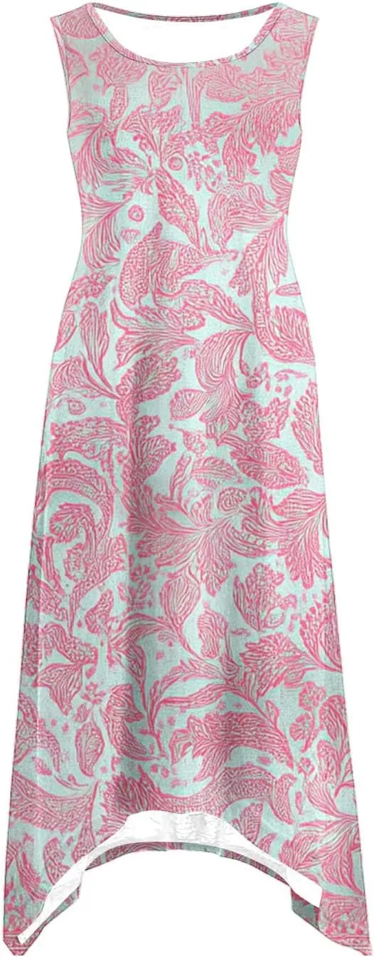 Women's Summer Dresses Sleeveless Floral Beach Dress Ruffle Hem V Neck Dress Holiday Dresses for Women