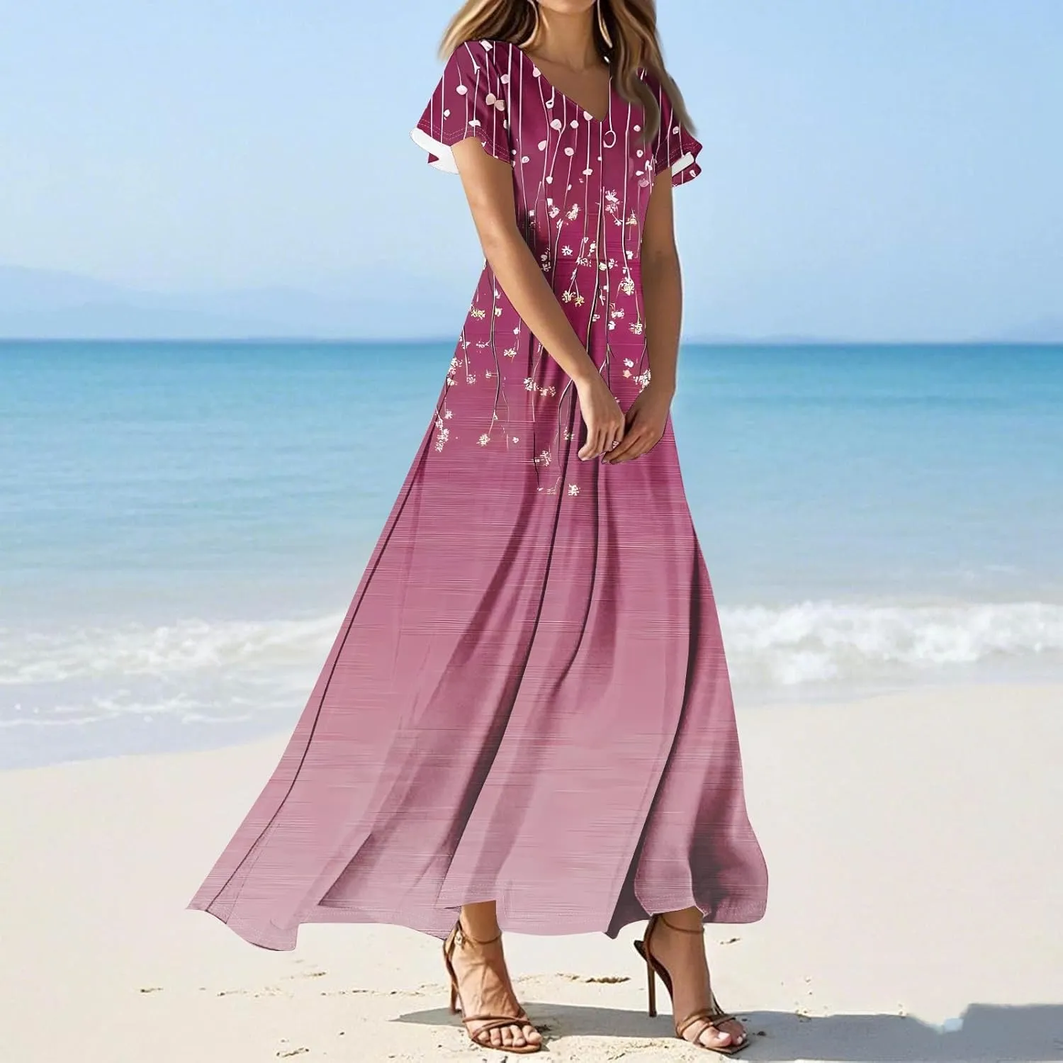 Women's Summer Floral Boho Dress Ruffle Sleeve V Neck Flowy Casual Loose Wedding Guest Long Maxi Ruffle Dresses