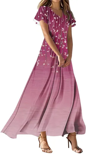 Women's Summer Floral Boho Dress Ruffle Sleeve V Neck Flowy Casual Loose Wedding Guest Long Maxi Ruffle Dresses