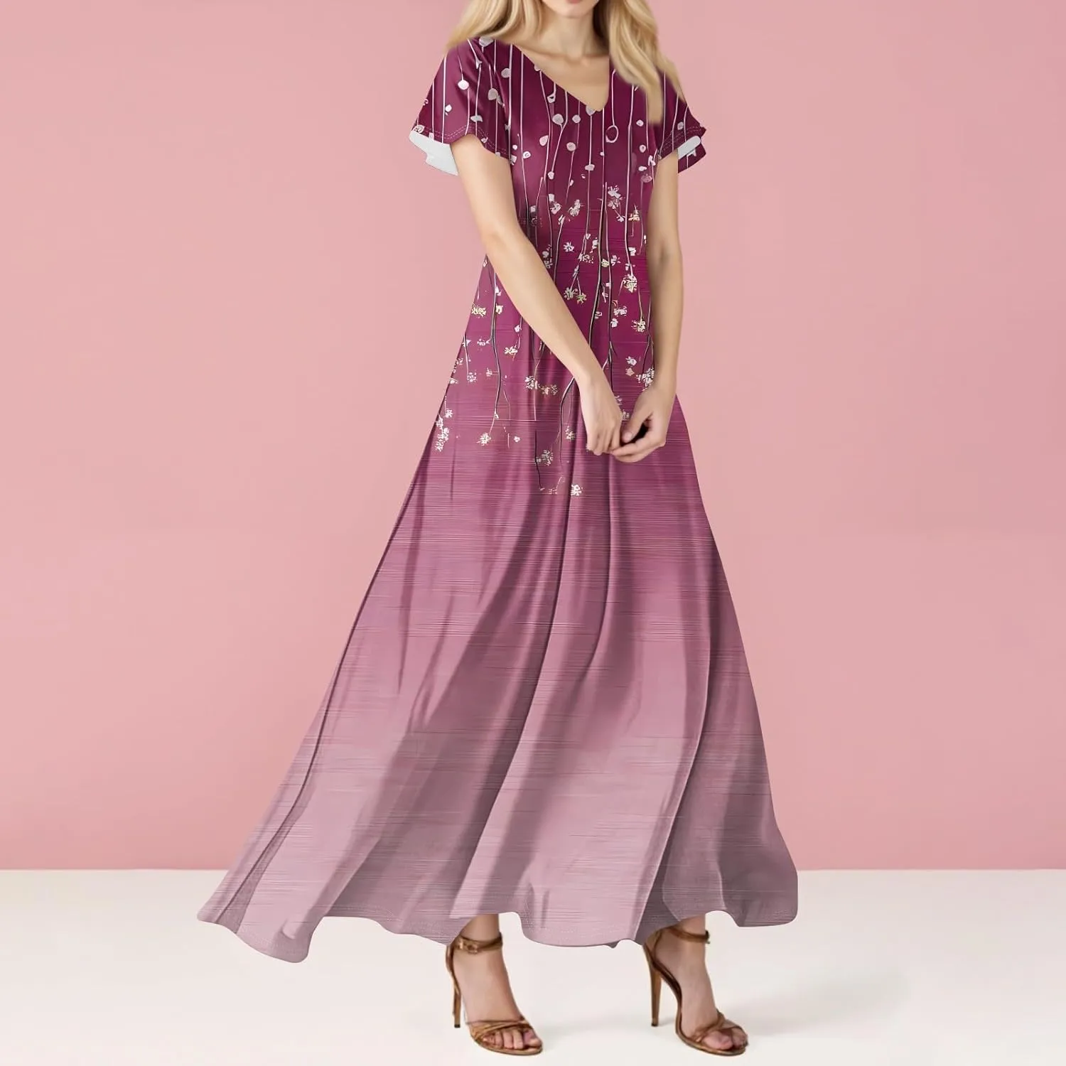 Women's Summer Floral Boho Dress Ruffle Sleeve V Neck Flowy Casual Loose Wedding Guest Long Maxi Ruffle Dresses