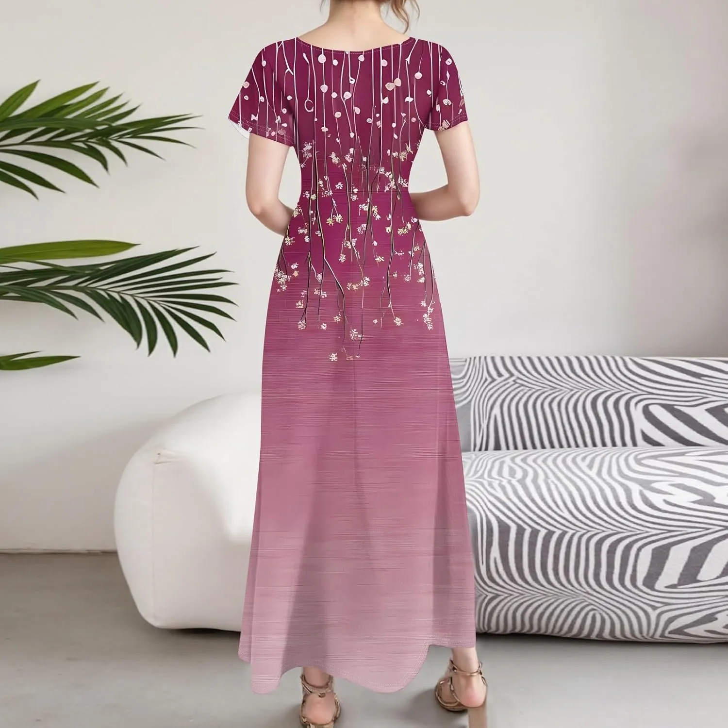 Women's Summer Floral Boho Dress Ruffle Sleeve V Neck Flowy Casual Loose Wedding Guest Long Maxi Ruffle Dresses