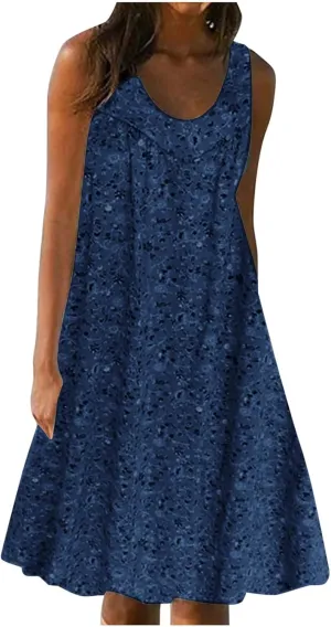 Womens Summer Floral Mini Dress Casual Sleeveless Sundress Round Neck Tank Dress Plus Size Beach Vacation Dresses
