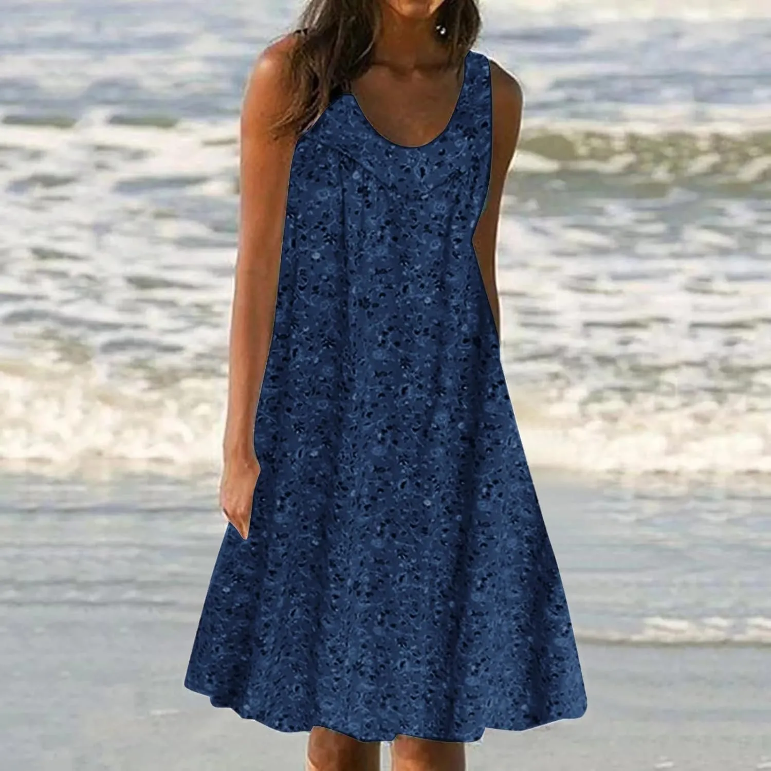 Womens Summer Floral Mini Dress Casual Sleeveless Sundress Round Neck Tank Dress Plus Size Beach Vacation Dresses