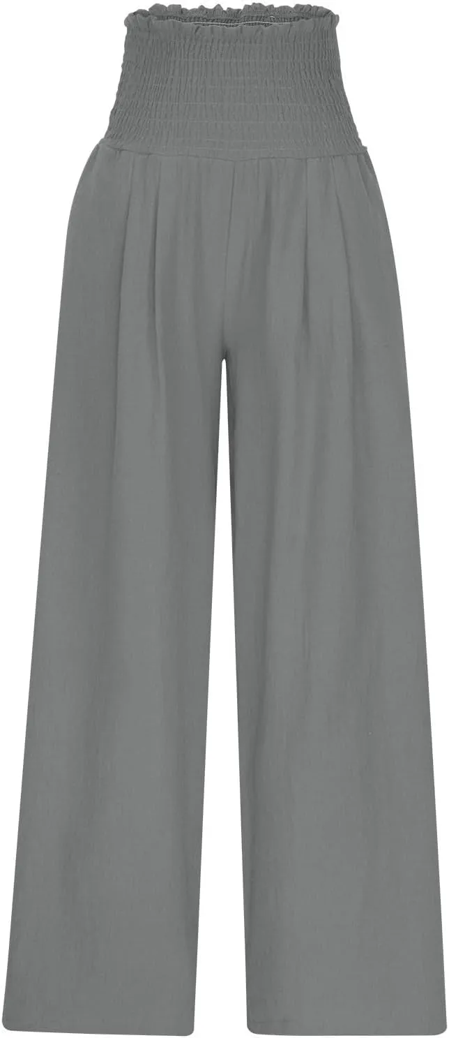 Women's Summer High Waisted Cotton Linen Palazzo Pants Wide Leg Long Lounge Pant Trousers Joggers Slacks with Pockets