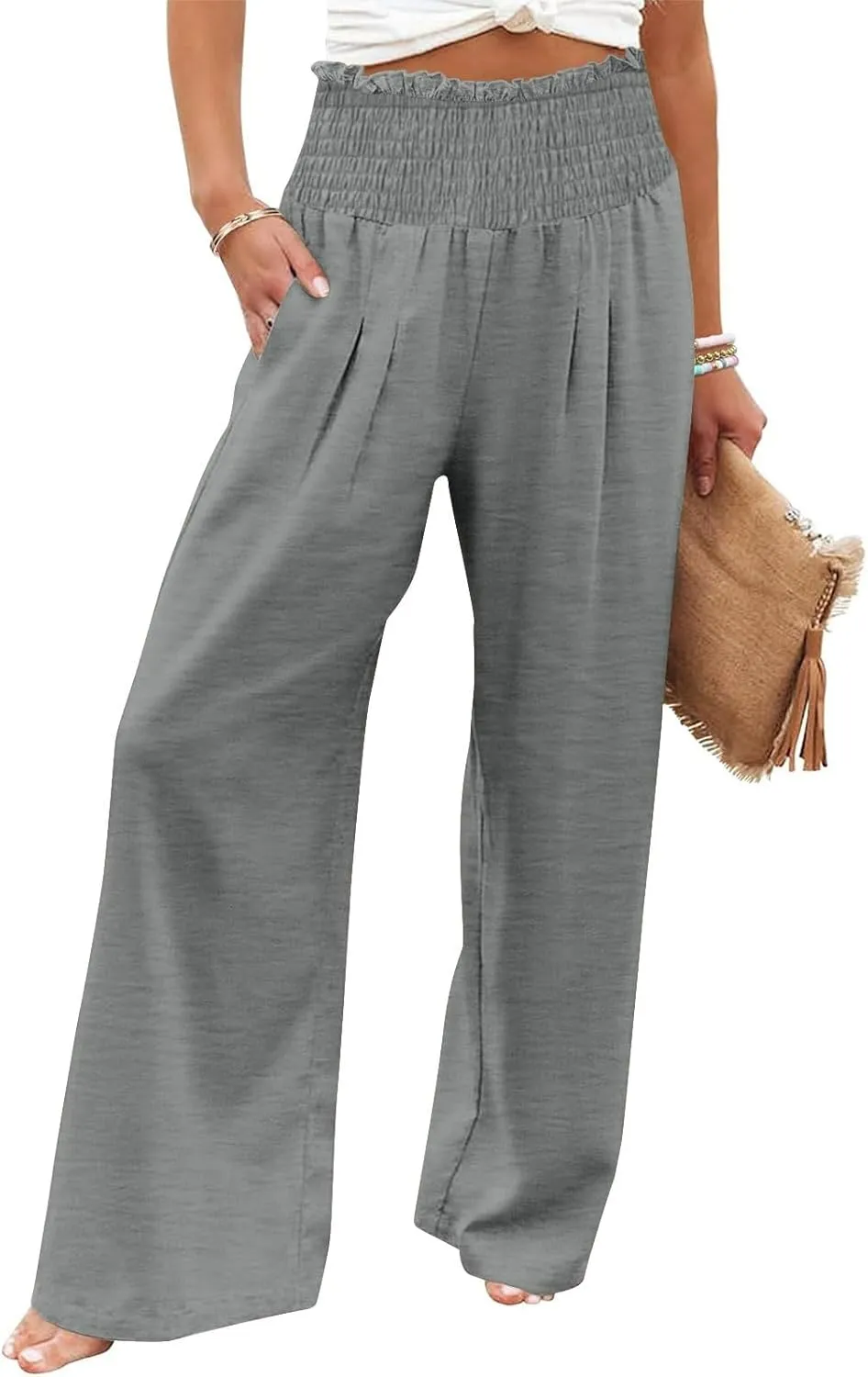 Women's Summer High Waisted Cotton Linen Palazzo Pants Wide Leg Long Lounge Pant Trousers Joggers Slacks with Pockets