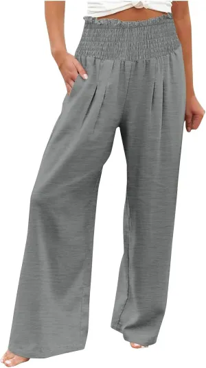 Women's Summer High Waisted Cotton Linen Palazzo Pants Wide Leg Long Lounge Pant Trousers Joggers Slacks with Pockets