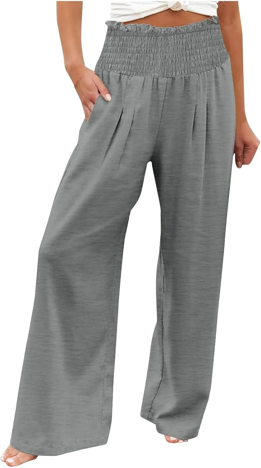 Women's Summer High Waisted Cotton Linen Palazzo Pants Wide Leg Long Lounge Pant Trousers Joggers Slacks with Pockets