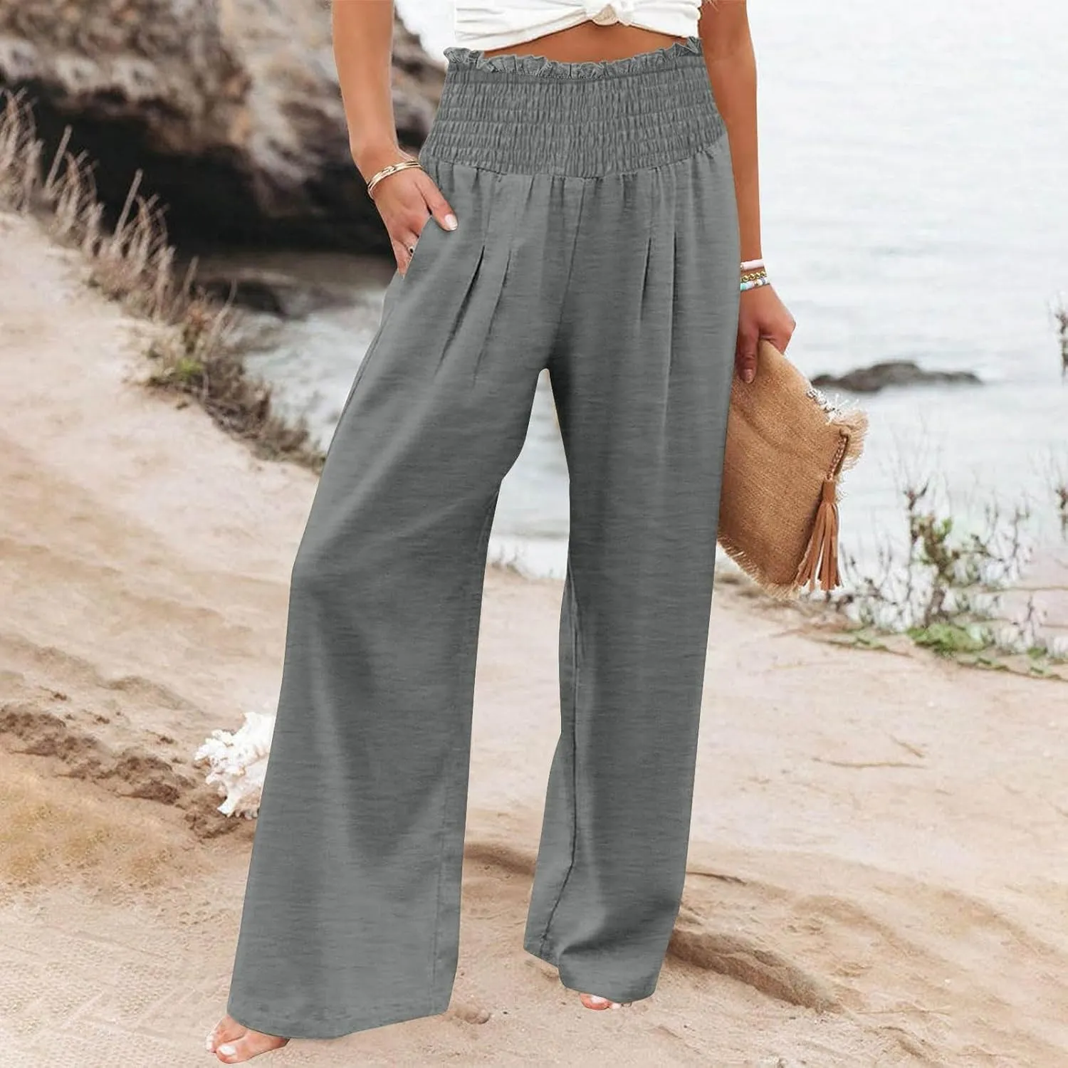 Women's Summer High Waisted Cotton Linen Palazzo Pants Wide Leg Long Lounge Pant Trousers Joggers Slacks with Pockets
