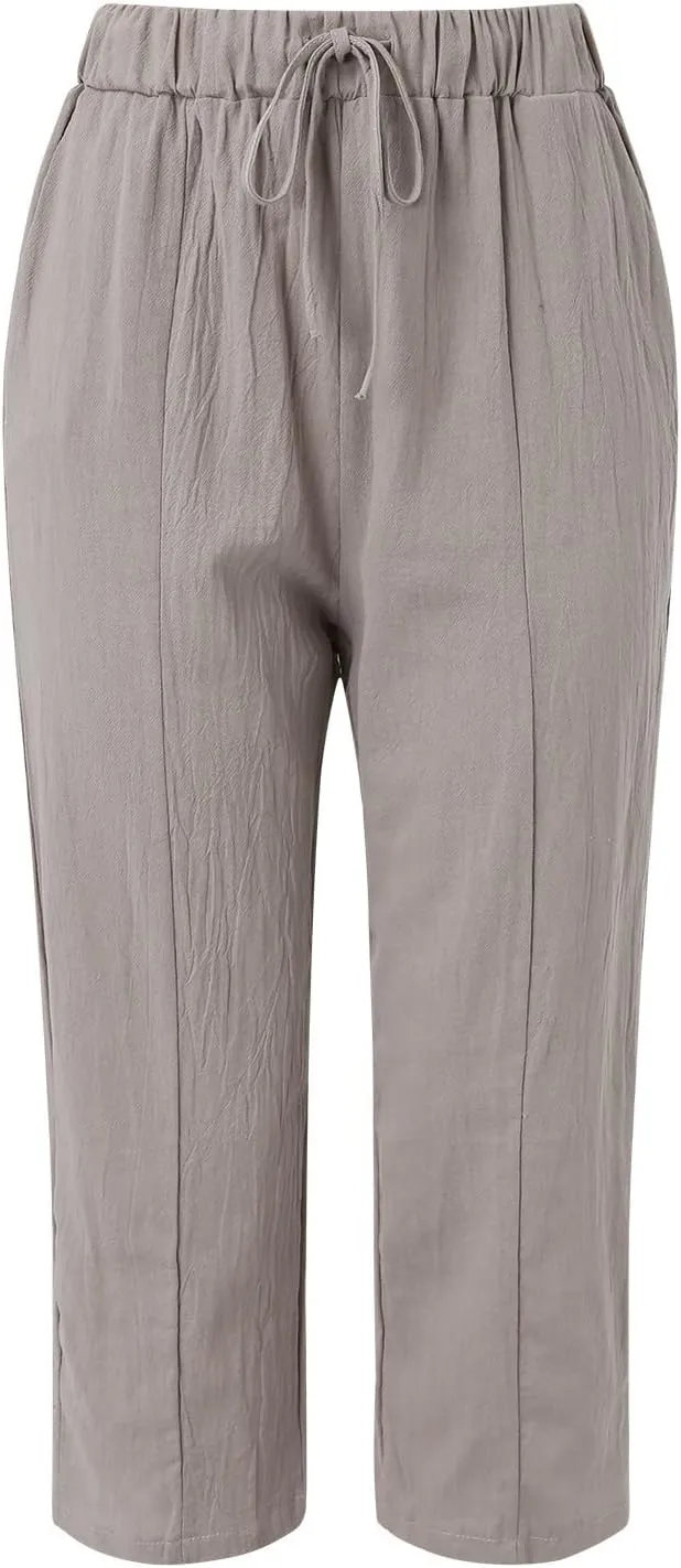 Womens Summer Linen Pants Drawstring Elastic High Waisted Casual Pant 2025 Summer Beach Loose Fit Trouser with Pocket