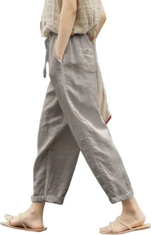 Womens Summer Linen Pants Drawstring Elastic High Waisted Casual Pant 2025 Summer Beach Loose Fit Trouser with Pocket