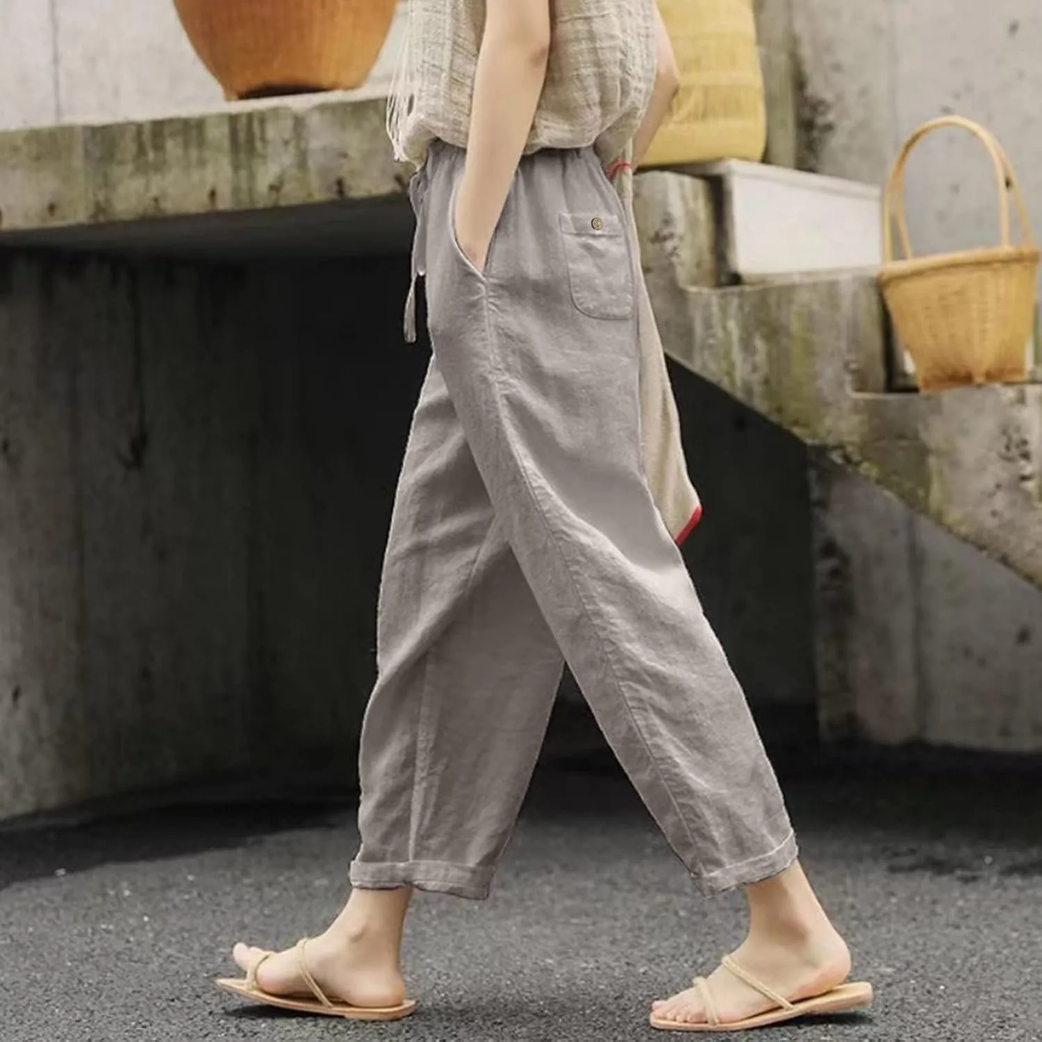 Womens Summer Linen Pants Drawstring Elastic High Waisted Casual Pant 2025 Summer Beach Loose Fit Trouser with Pocket