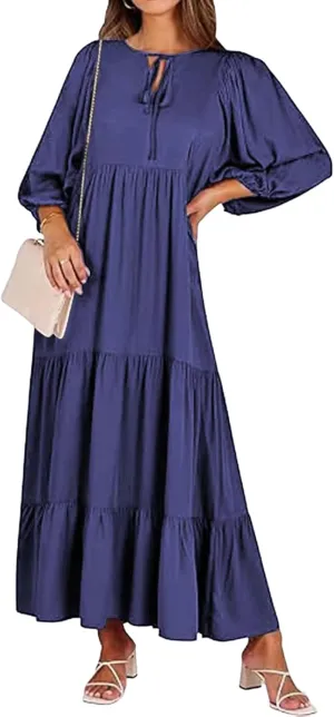 Womens Summer Maxi Dress V Neck Long Puff Sleeve Dresses 2025 Summer Casual A Line Flowy Swing Boho Dresses