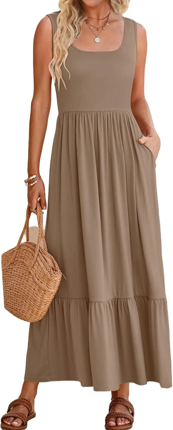 Women's Summer Sleeveless Dress Maxi Beach Vacation Dresses Casual Flowy Tired Sundress Square Neck Tank Top