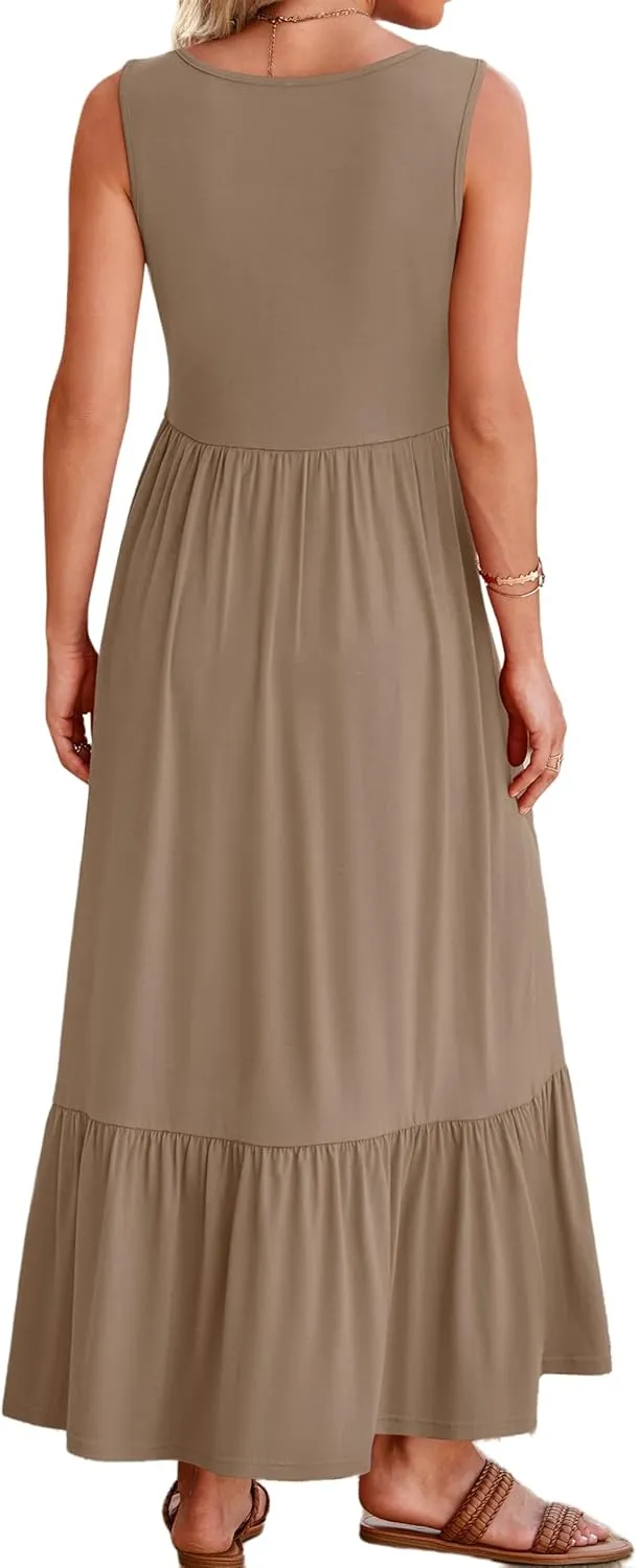 Women's Summer Sleeveless Dress Maxi Beach Vacation Dresses Casual Flowy Tired Sundress Square Neck Tank Top
