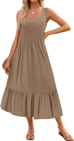 Women's Summer Sleeveless Dress Maxi Beach Vacation Dresses Casual Flowy Tired Sundress Square Neck Tank Top