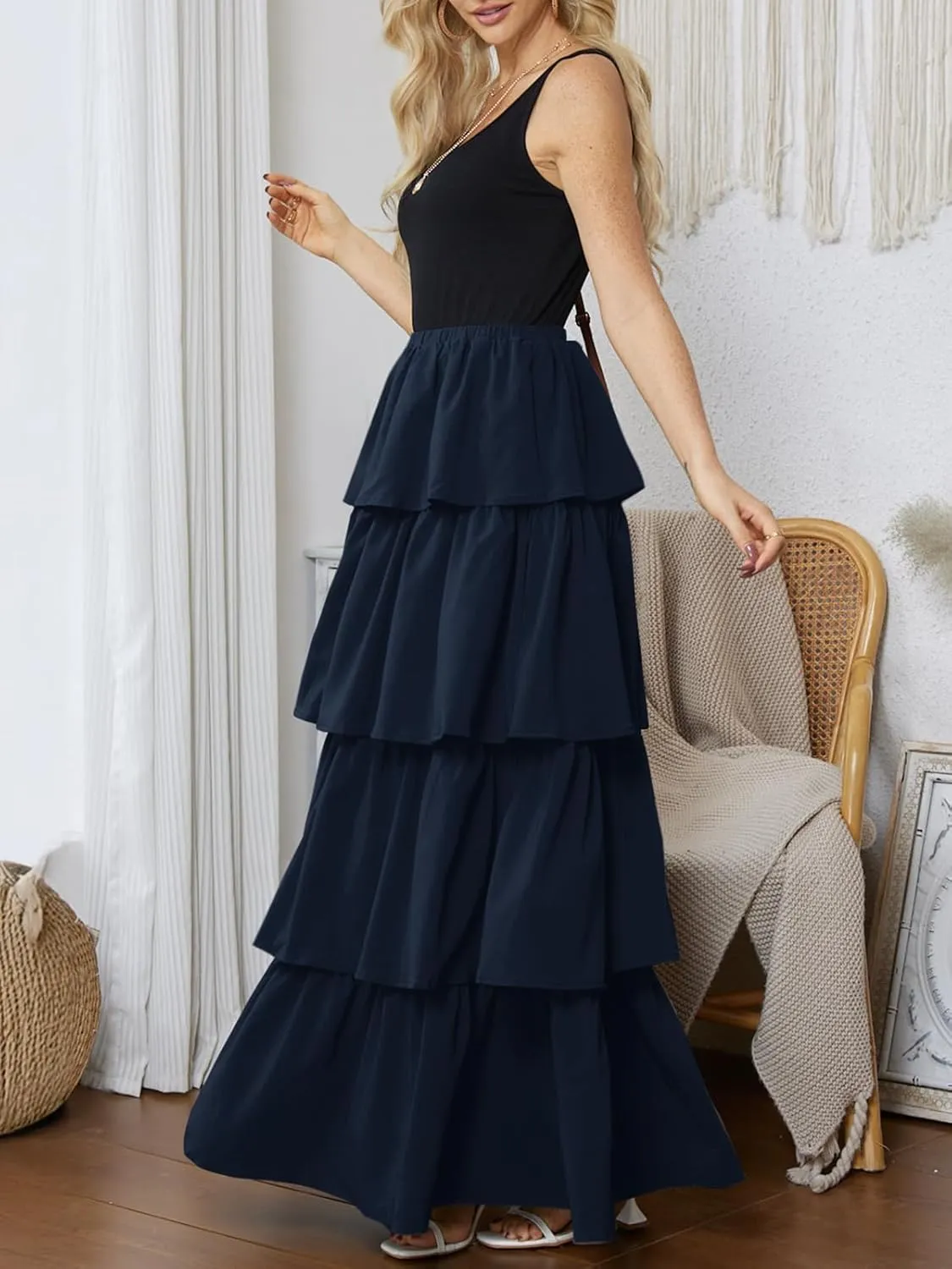 Womens Summer Tank Top Maxi Dress Smocked Ruffle Layered A Line Tiered Flowy Summer Casual Long Sundress