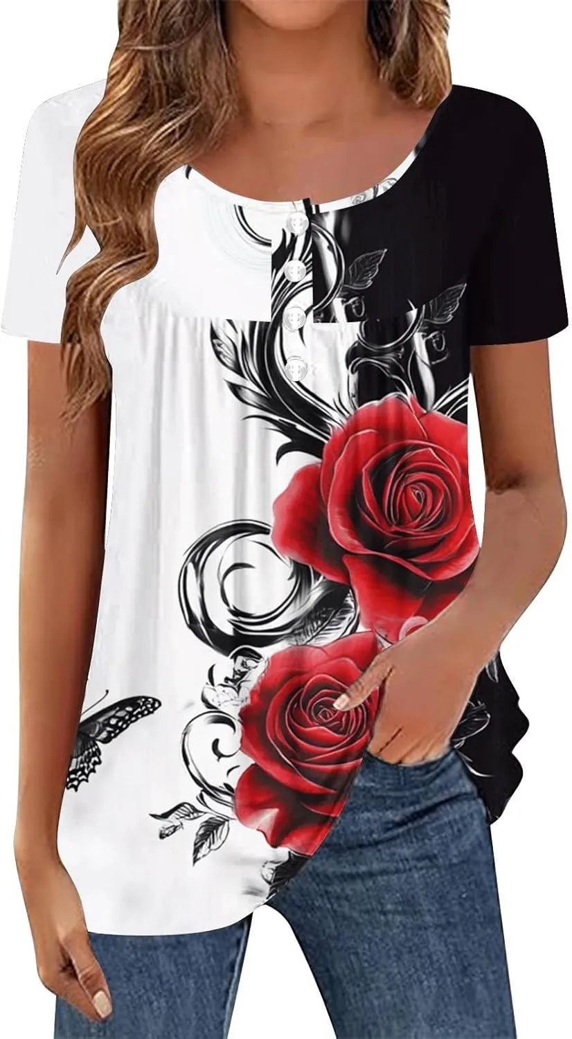 Womens Summer Tops 2025 Trendy Boho Floral Tunic Shirts Short Sleeve Button V Neck Tshirt Dressy Casual Loose Blouses