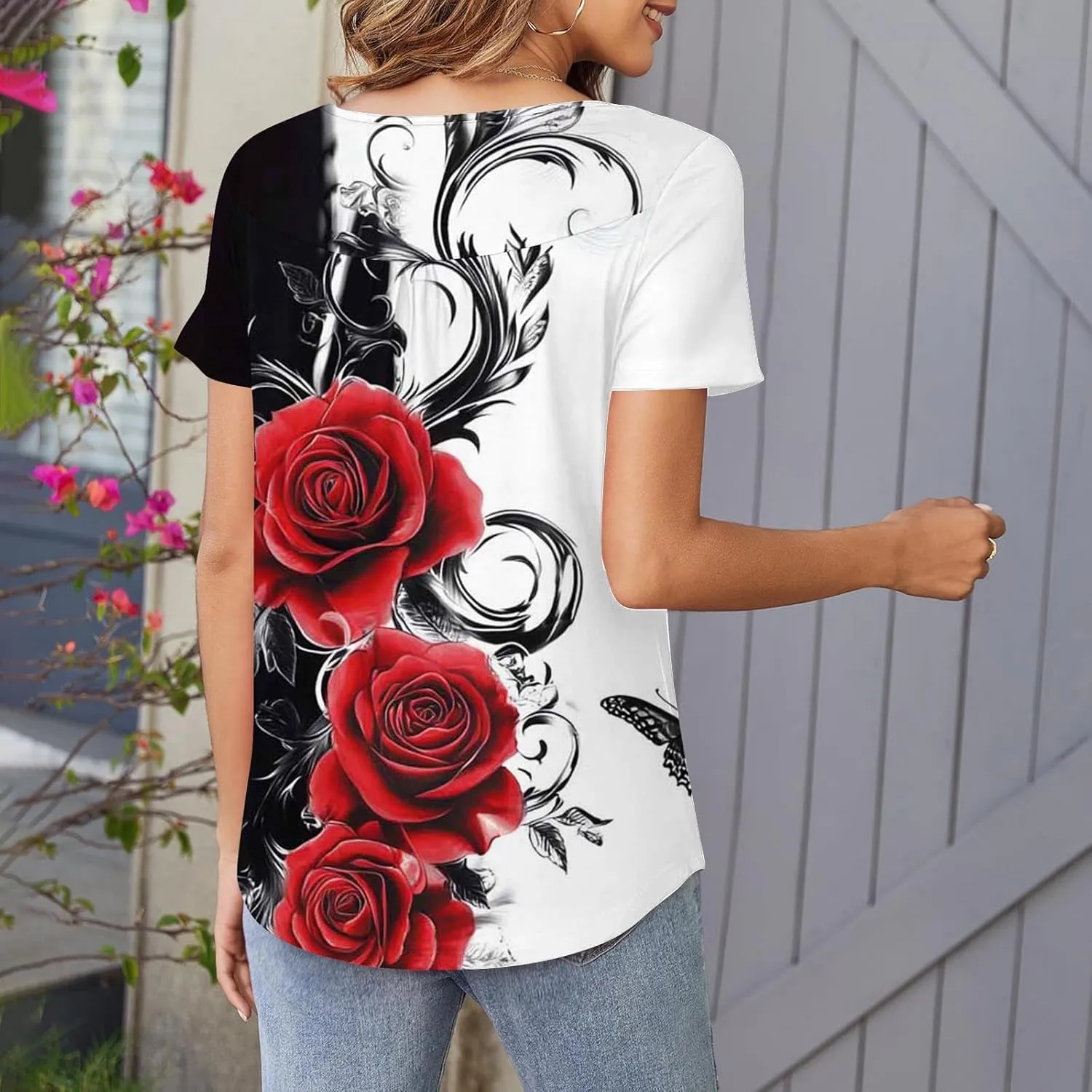 Womens Summer Tops 2025 Trendy Boho Floral Tunic Shirts Short Sleeve Button V Neck Tshirt Dressy Casual Loose Blouses