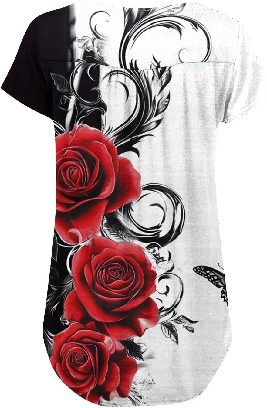 Womens Summer Tops 2025 Trendy Boho Floral Tunic Shirts Short Sleeve Button V Neck Tshirt Dressy Casual Loose Blouses