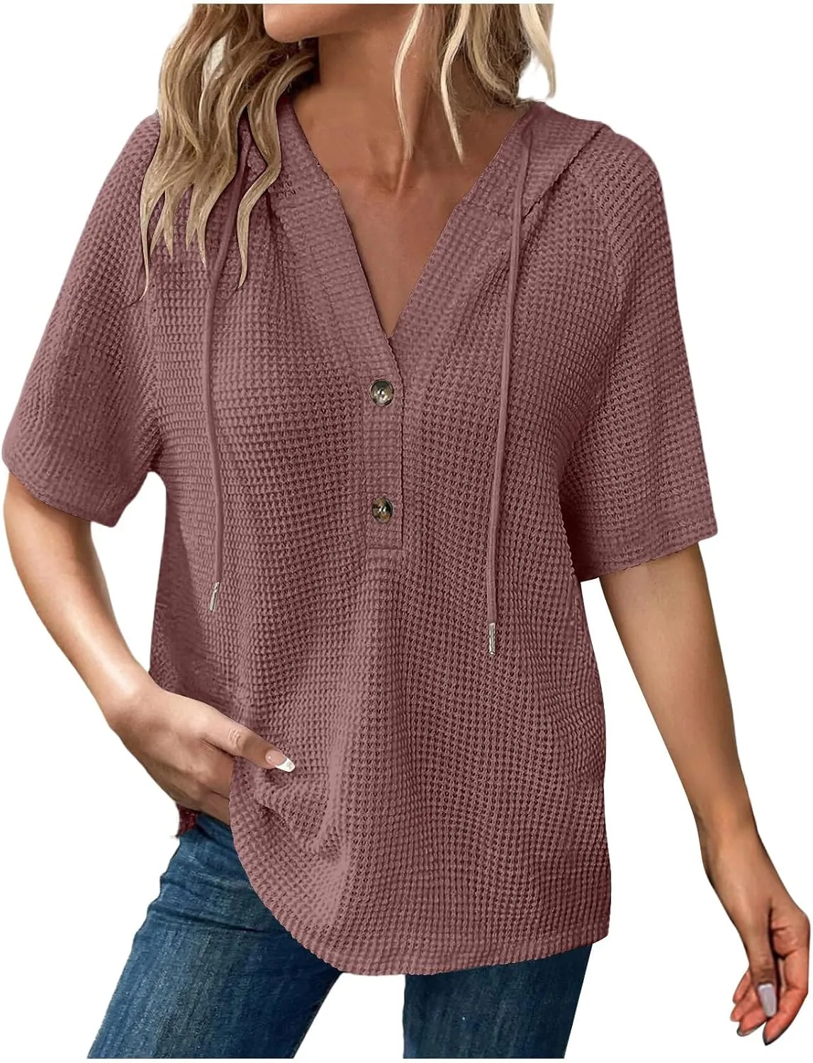 Womens Summer Waffle Knit Short Sleeve Tops Lightweight Drawstring Hoodies Button V Neck Casual Blouse Hooded Shirts