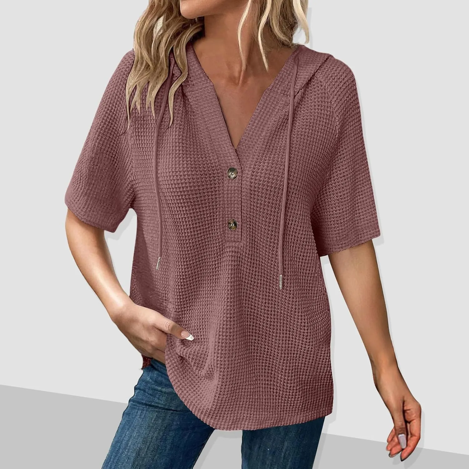 Womens Summer Waffle Knit Short Sleeve Tops Lightweight Drawstring Hoodies Button V Neck Casual Blouse Hooded Shirts