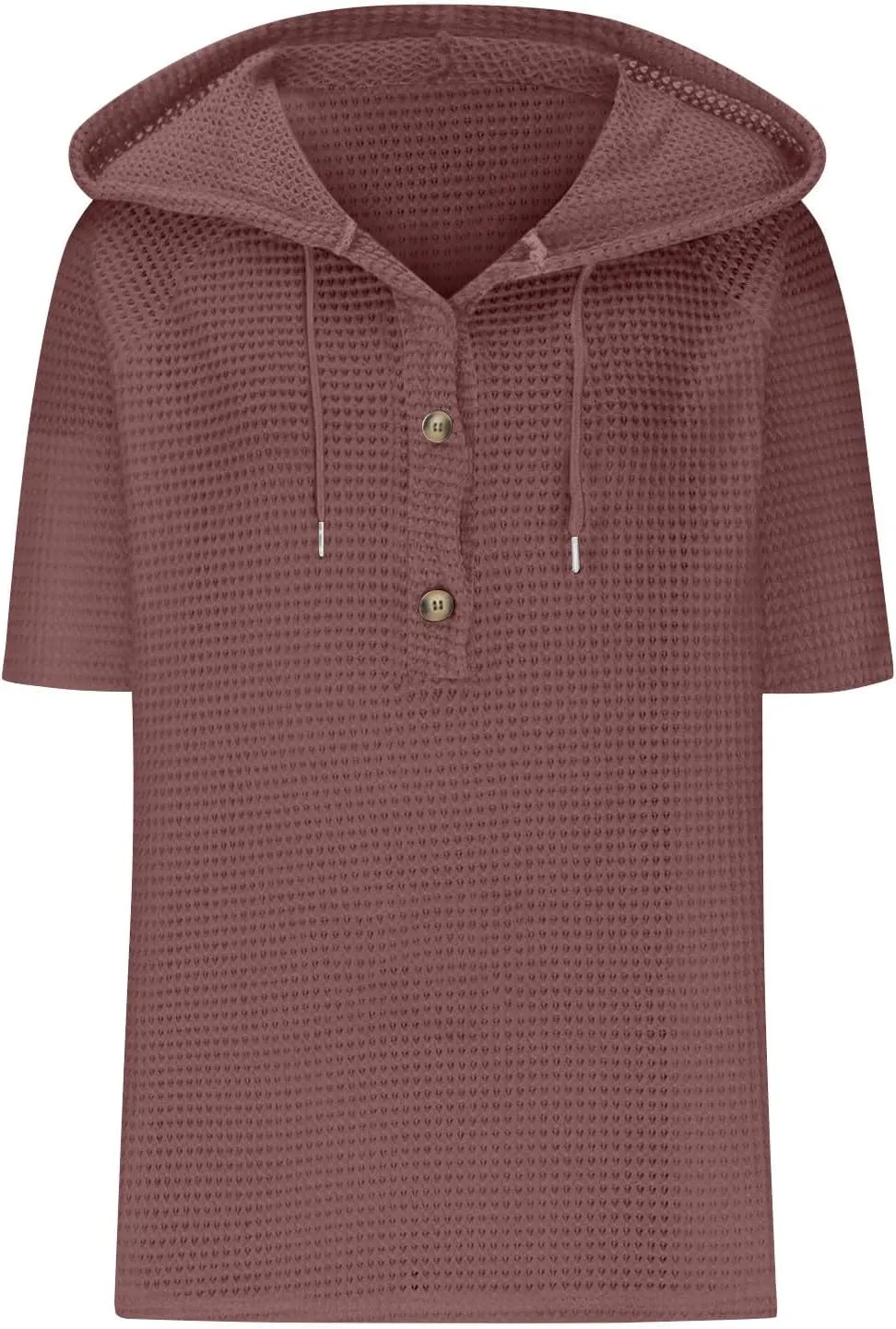 Womens Summer Waffle Knit Short Sleeve Tops Lightweight Drawstring Hoodies Button V Neck Casual Blouse Hooded Shirts