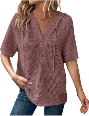 Womens Summer Waffle Knit Short Sleeve Tops Lightweight Drawstring Hoodies Button V Neck Casual Blouse Hooded Shirts