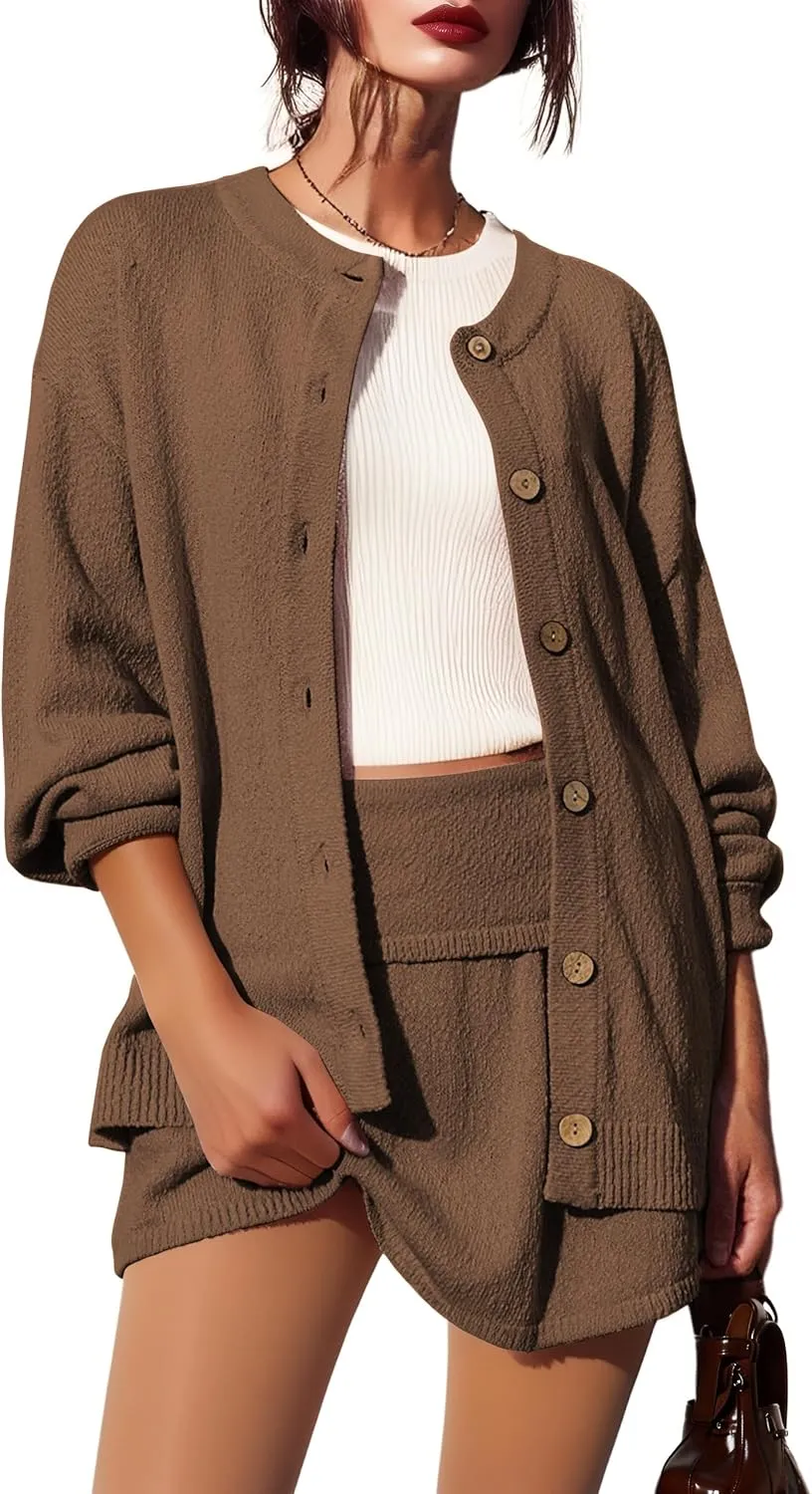 Womens Sweater Set 2 Piece Long Sleeve Mini Skirt Set Button Down Cardigan and Skort Sets Matching Sets