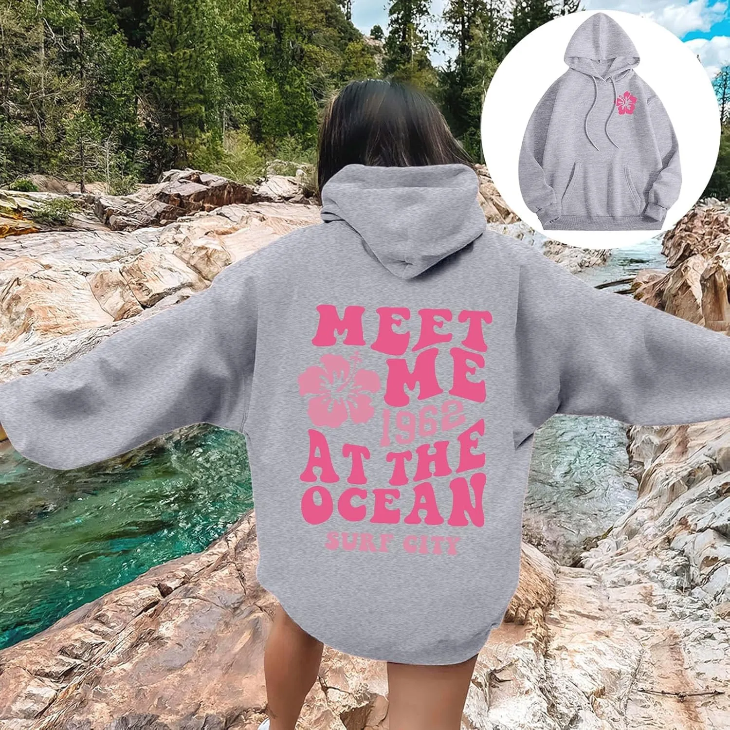 Womens Sweatshirt Graphic Hoodies Letter Print Casual Long Sleeve Drawstring Pullover Tops with Pocket, Medium