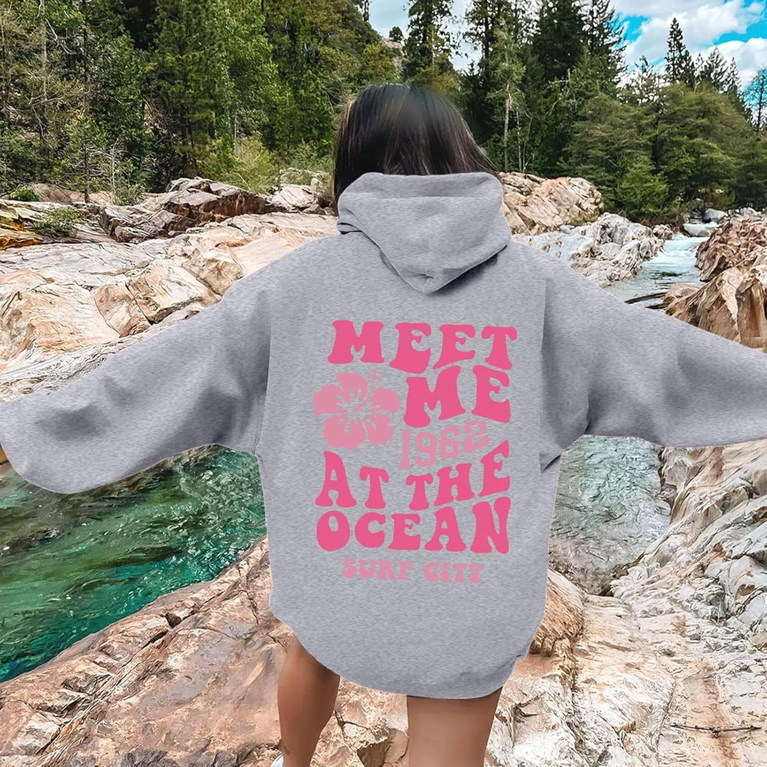 Womens Sweatshirt Graphic Hoodies Letter Print Casual Long Sleeve Drawstring Pullover Tops with Pocket, Medium