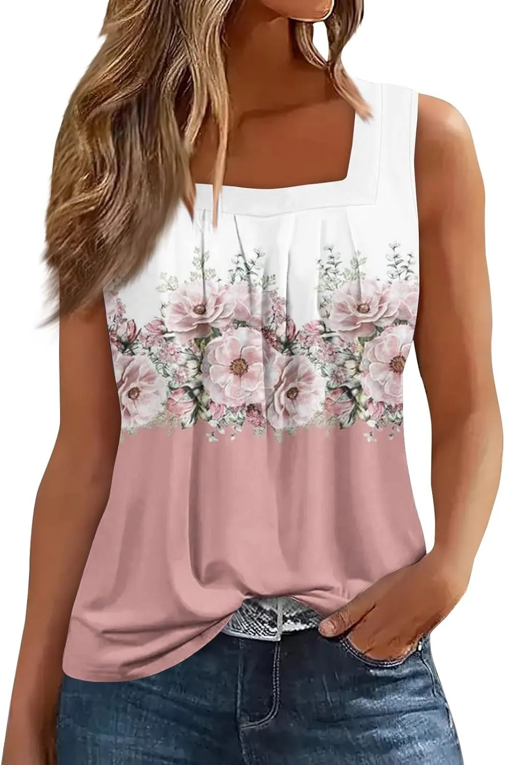 Womens Tank Tops Ruffled Square Neck Printed Shirts 2025 Summer Casual Loose Fit Sleeveless Cute Tanks Tee for Women