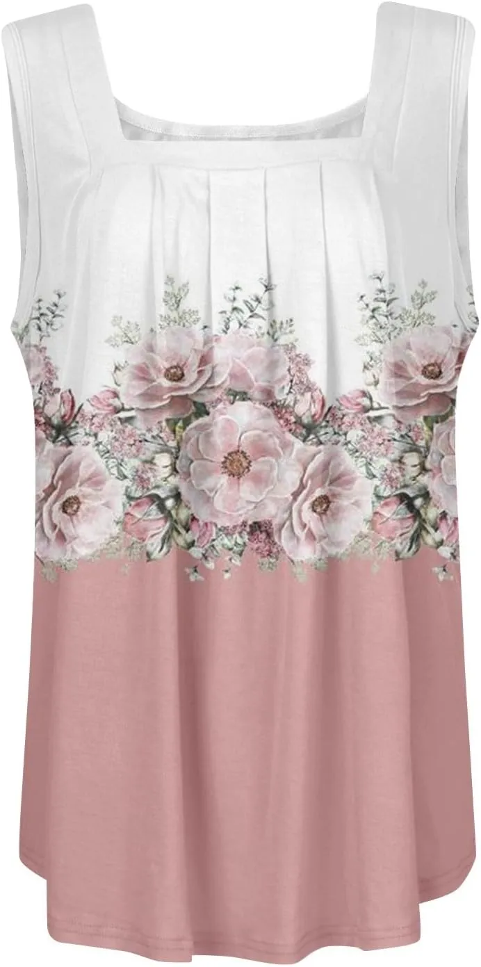 Womens Tank Tops Ruffled Square Neck Printed Shirts 2025 Summer Casual Loose Fit Sleeveless Cute Tanks Tee for Women