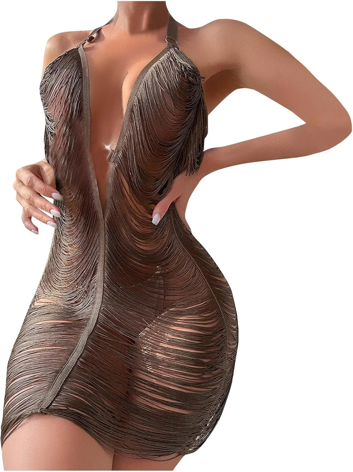 Womens Tassel Chemises Lingerie Fringe Lace Babydoll Lingerie Sexy Teddy Halter V Neck Sleepwear Boudoir Outfits