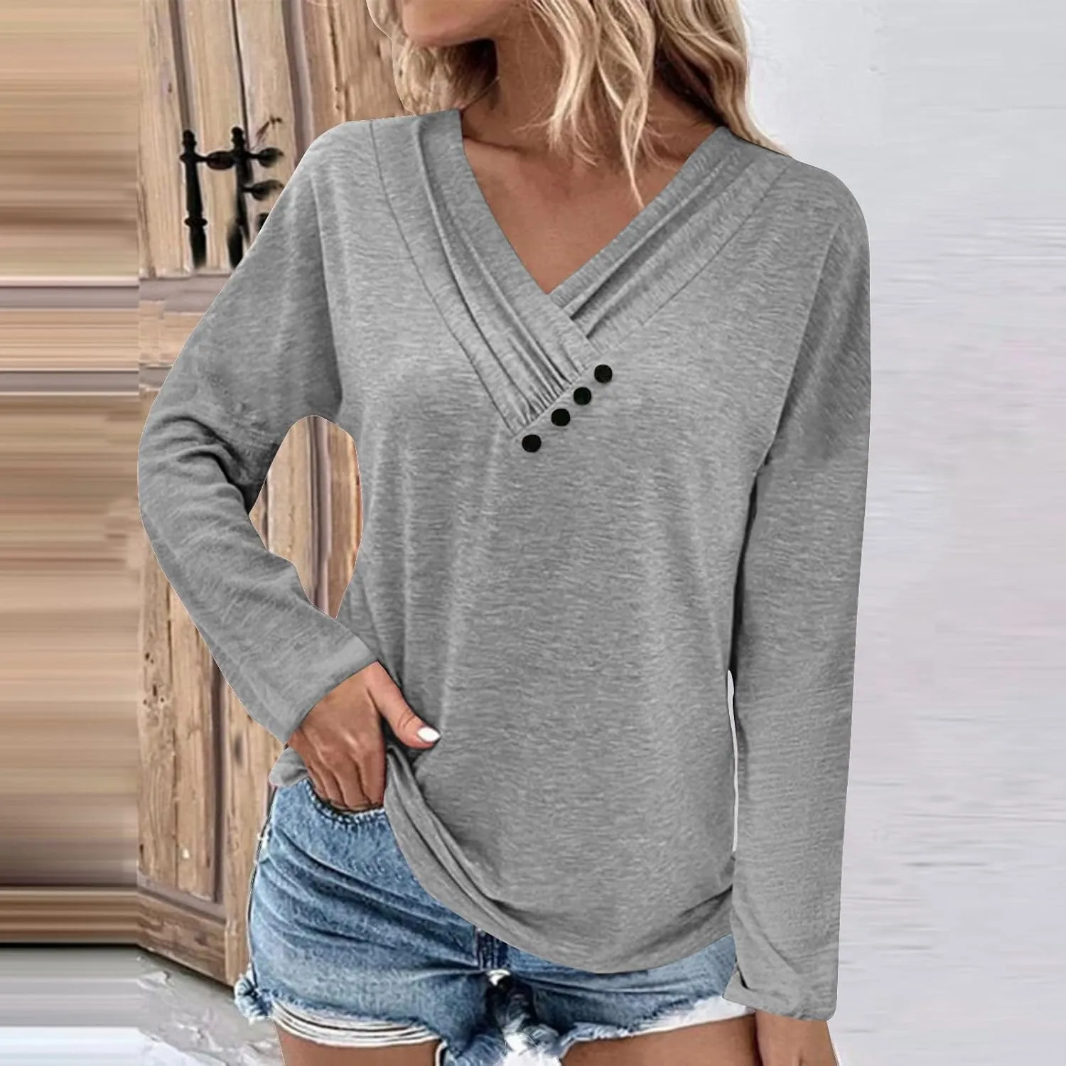 Womens Tops Button V Neck Long Sleeve T Shirt Chest Panel Ruched Solid Color Sweatshirts Lightweight Pullover