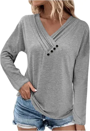 Womens Tops Button V Neck Long Sleeve T Shirt Chest Panel Ruched Solid Color Sweatshirts Lightweight Pullover