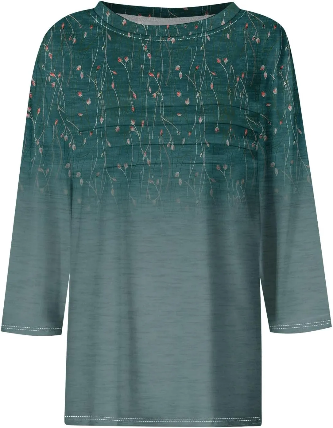 Womens Tops Fashion 3/4 Sleeve Round Neck Shirts Casual Trendy Print Blouses Pleated Front T Shirts