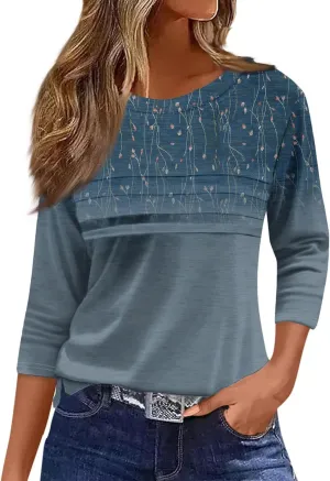 Womens Tops Fashion 3/4 Sleeve Round Neck Shirts Casual Trendy Print Blouses Pleated Front T Shirts