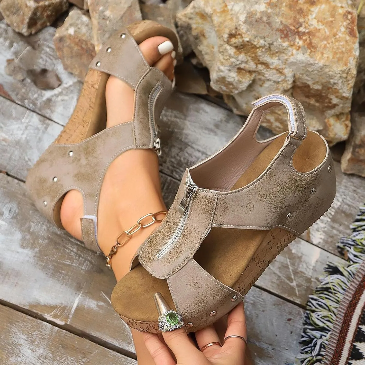 Womens Wedge Sandals Elastic Ankle Straps Open Toe Elegant Thick Soles Comfortable Platform Strap Bohemian Flower Wedges Shoes Beach Flowers Summer Fashion Breathable Dressy Rhinestone Sandal