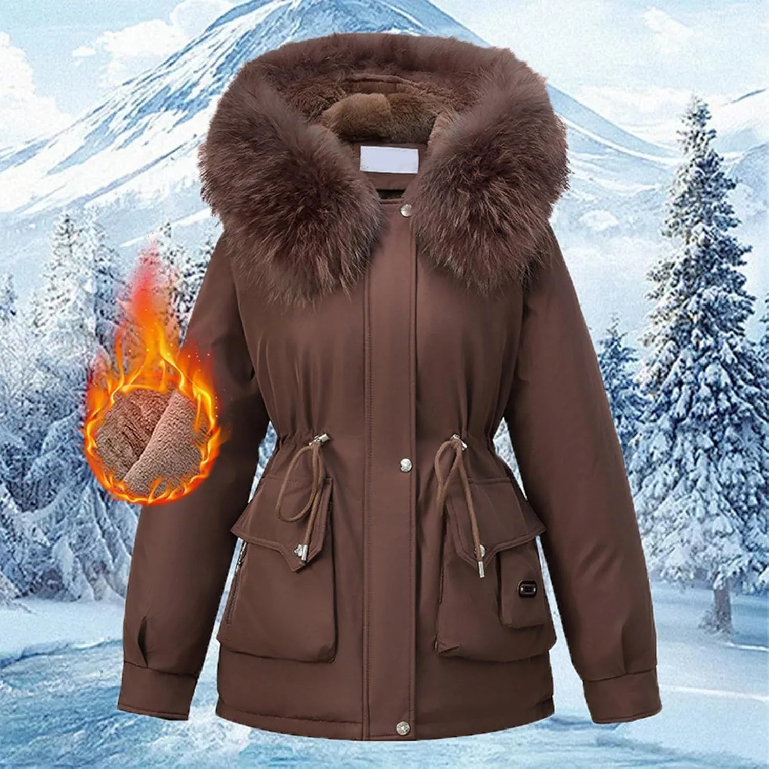 Womens Winter Thick Coat Plus Size Sherpa Lined Fur Hooded Waterproof Drawstring Waist Jacket Warm Long Puffer Jacket