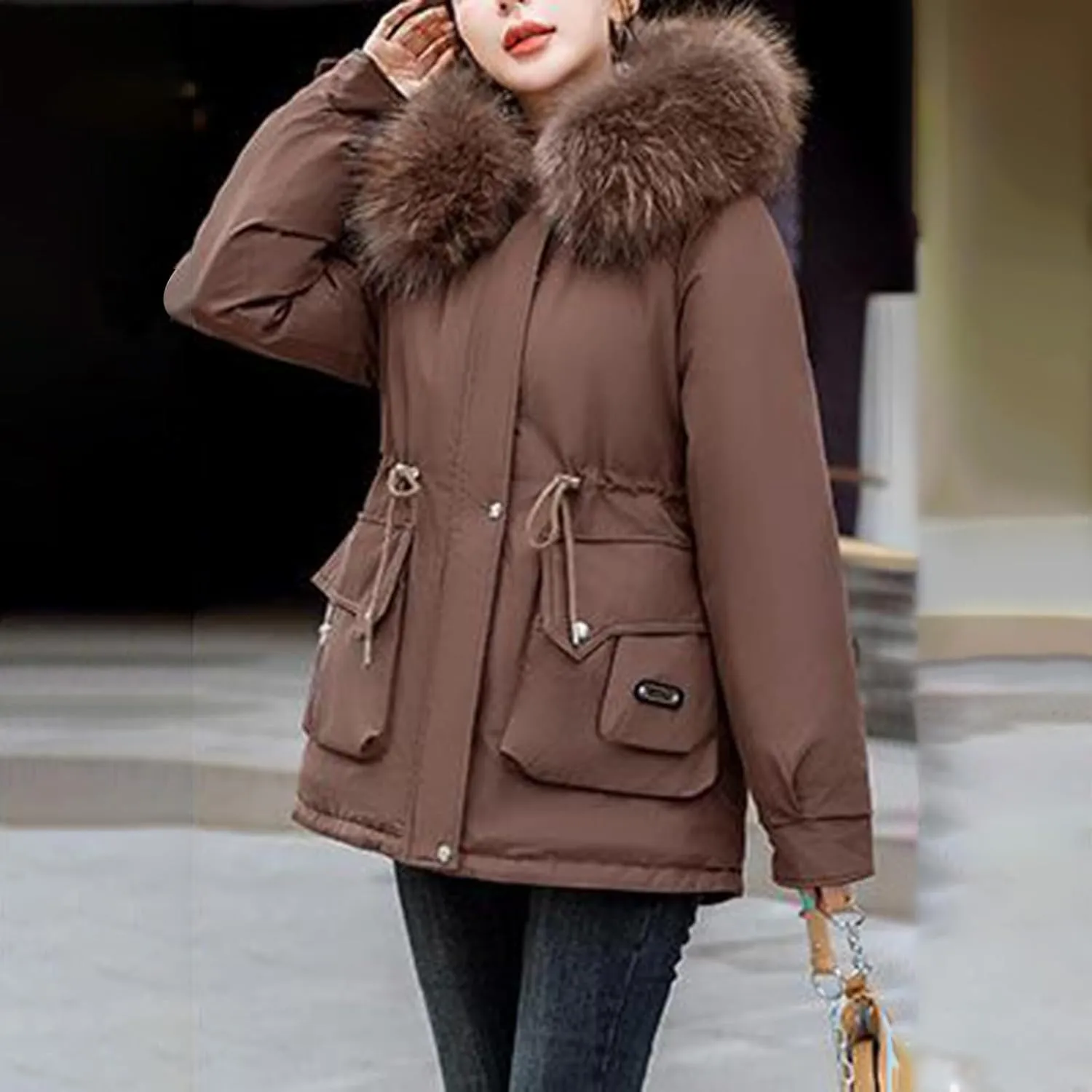 Womens Winter Thick Coat Plus Size Sherpa Lined Fur Hooded Waterproof Drawstring Waist Jacket Warm Long Puffer Jacket