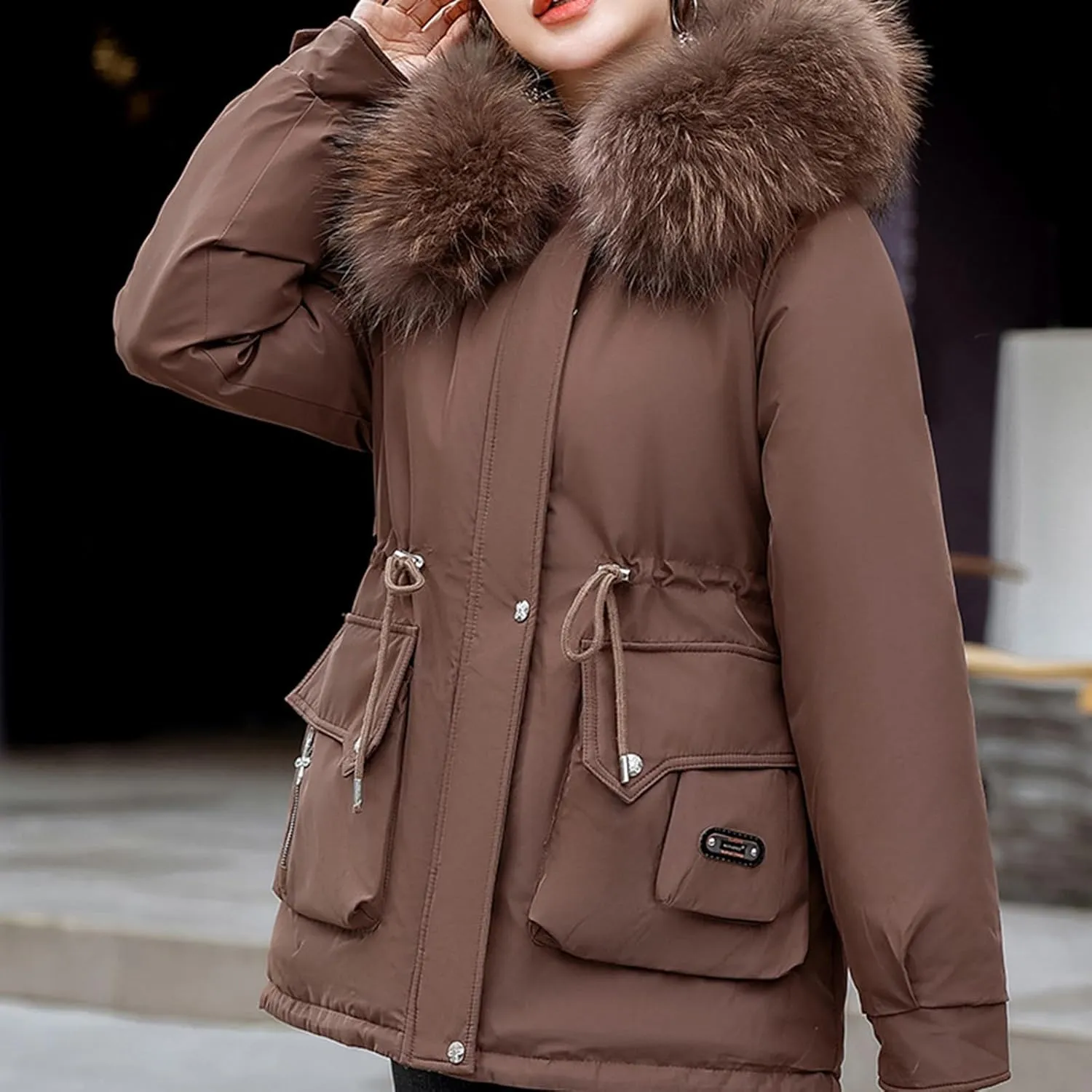 Womens Winter Thick Coat Plus Size Sherpa Lined Fur Hooded Waterproof Drawstring Waist Jacket Warm Long Puffer Jacket