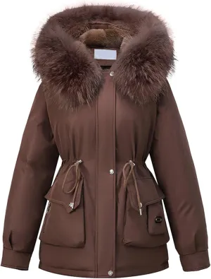 Womens Winter Thick Coat Plus Size Sherpa Lined Fur Hooded Waterproof Drawstring Waist Jacket Warm Long Puffer Jacket