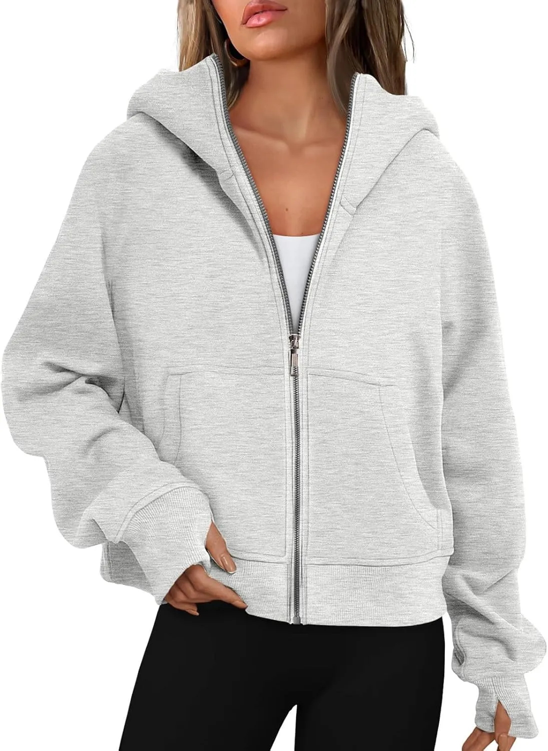 Womens Zip Up Hoodies Fleece Jackets Oversized Sweatshirts Full Zipper Long Sleeve Coats Thumb Hole Pullover Pockets