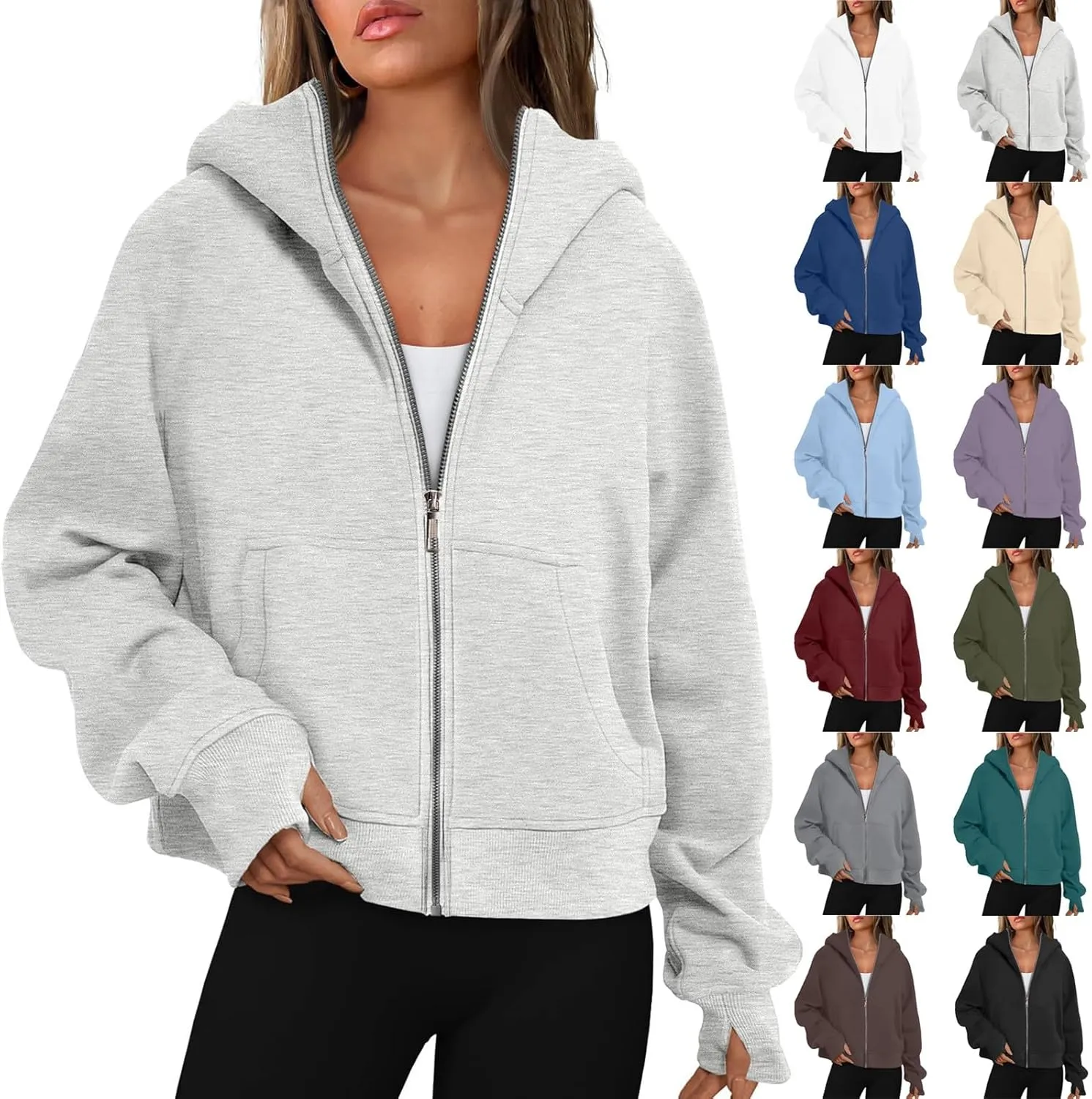 Womens Zip Up Hoodies Fleece Jackets Oversized Sweatshirts Full Zipper Long Sleeve Coats Thumb Hole Pullover Pockets