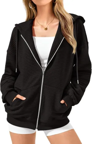 Womens Zip Up Hoodies Y2k Long Sleeve Cute Trendy Fleece Jacket Comfort Loose Fit Oversized Sweatshirt with Pockets