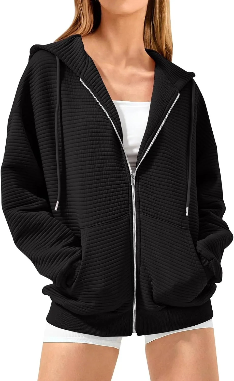 Womens Zip Up Hoodies Y2k Long Sleeve Cute Trendy Fleece Jacket Comfort Loose Fit Oversized Sweatshirt with Pockets