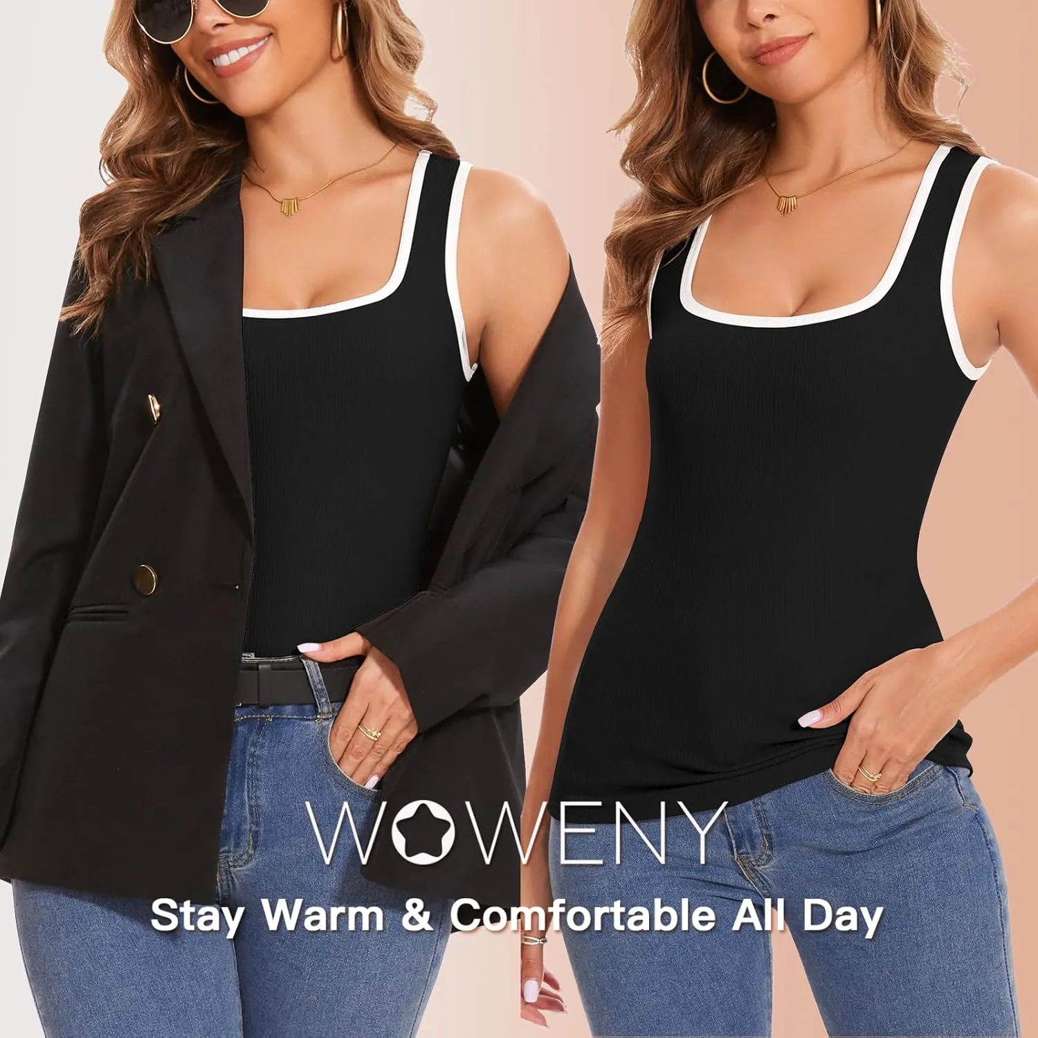 WOWENY Sleeveless Thermal Fleece Tank Top for Women Square Neck Tops Camisole Warm Base Layer Cami Vest Underwear
