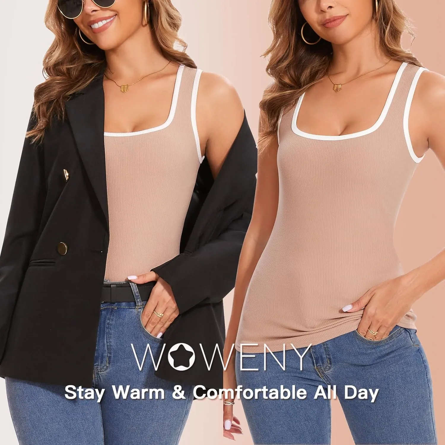 WOWENY Sleeveless Thermal Fleece Tank Top for Women Square Neck Tops Camisole Warm Base Layer Cami Vest Underwear